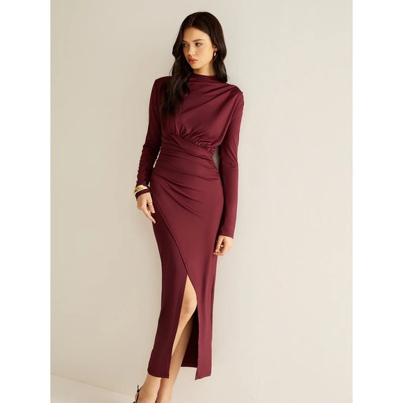 Commense Burgundy Long Sleeve Midi Dress Mock Neck Ruched Slit Bodycon Party S - Picture 1 of 9